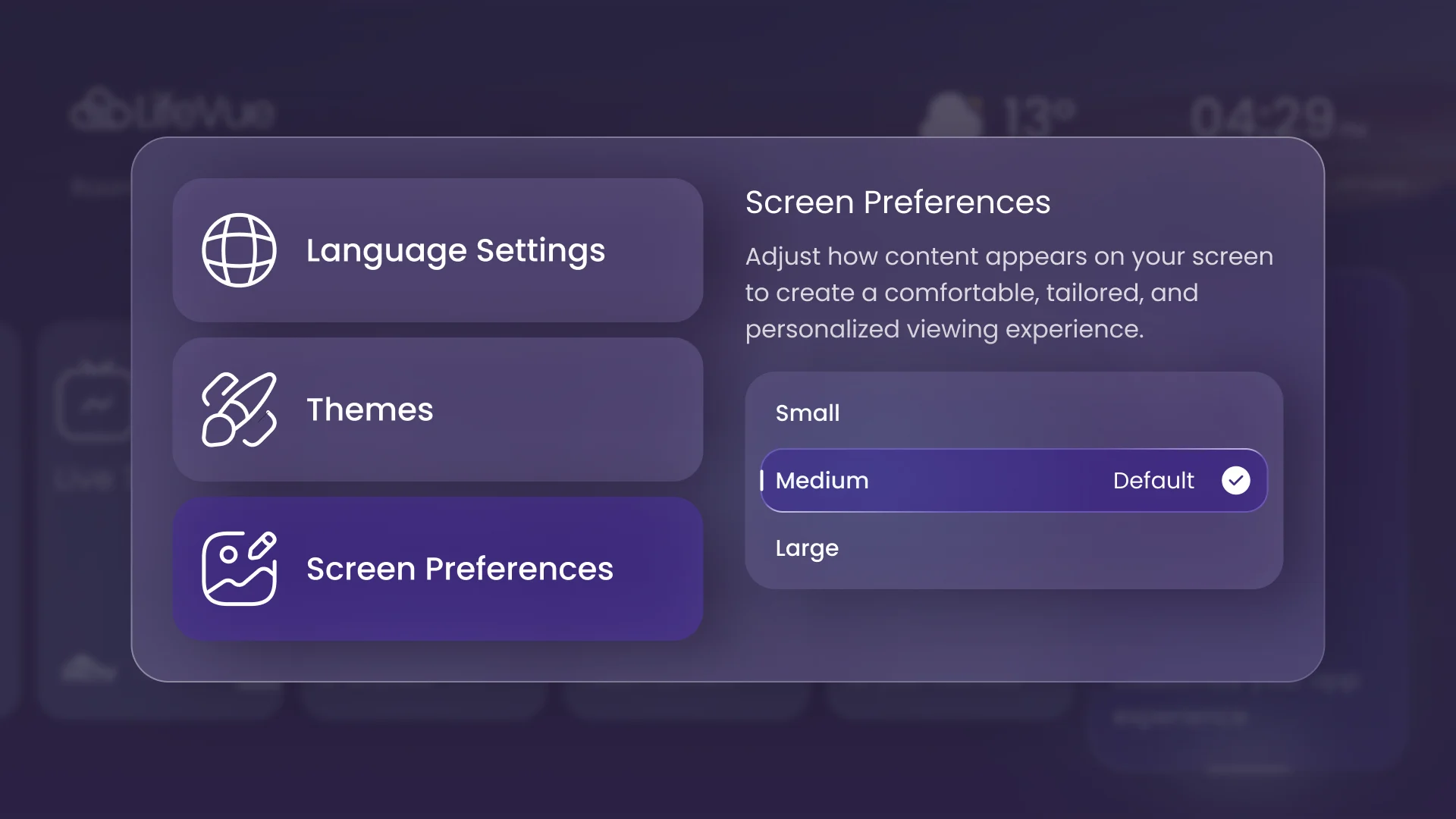 LifeVue Settings, Screen Preferences: a list of text sizes, Small, Medium marked Default and Large