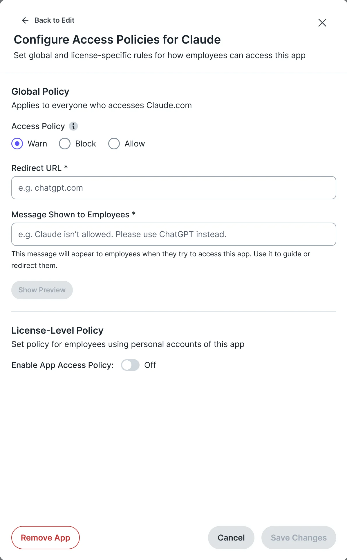 Configure Access Policies for Claude: a global policy of warn, block or allow, a redirect and a message for employees, and a license-level policy switch