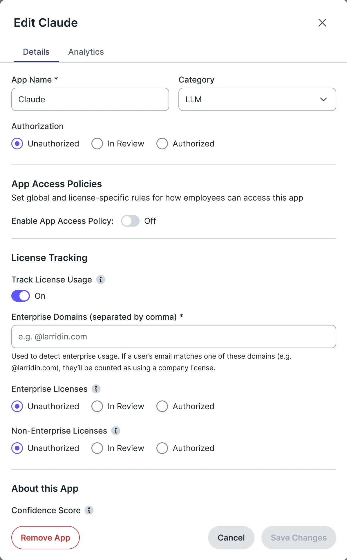 Edit Claude panel: details and analytics tabs, authorisation, app access policies, license tracking with enterprise domains and the app’s confidence score