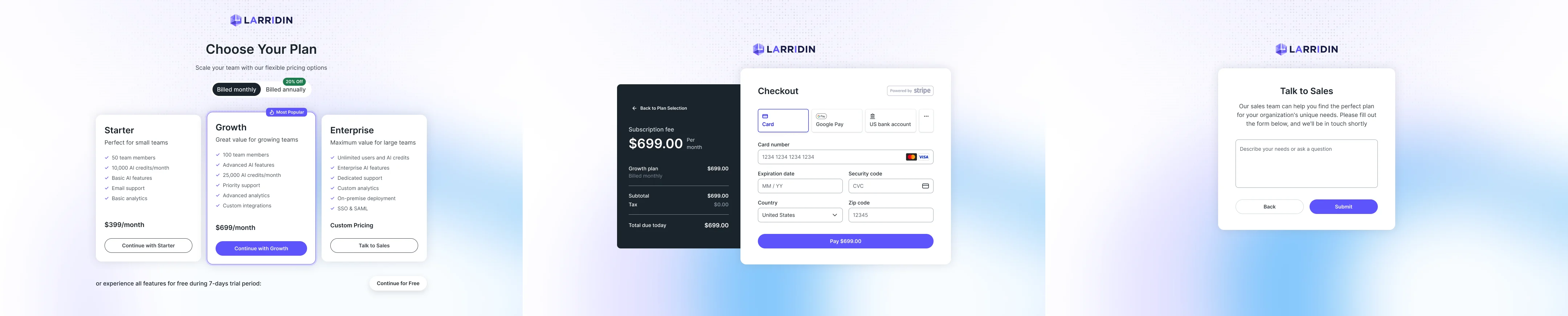 Plan flow: Choose Your Plan with three plans and a free trial, the checkout for a paid plan and the Talk to Sales form