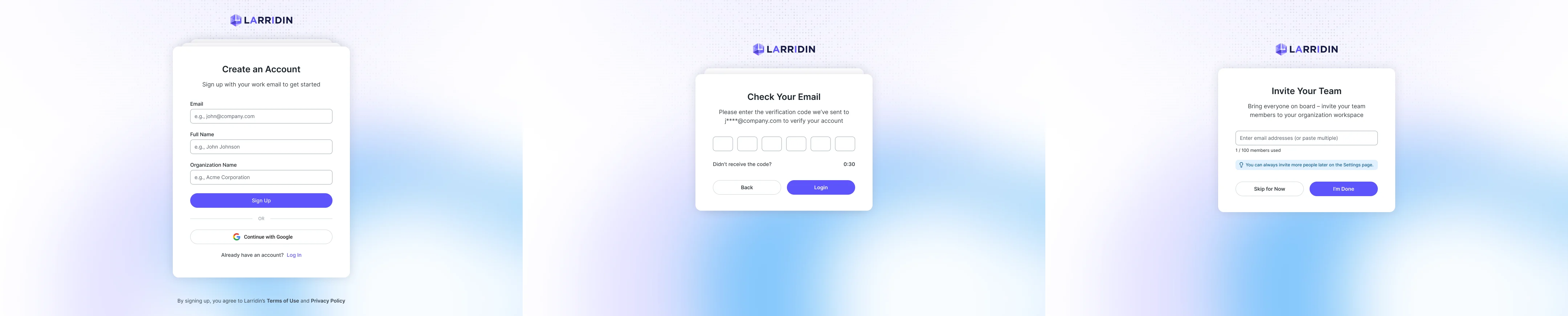 Sign-up flow: Create an Account, the e-mail verification code and the team invitation screen