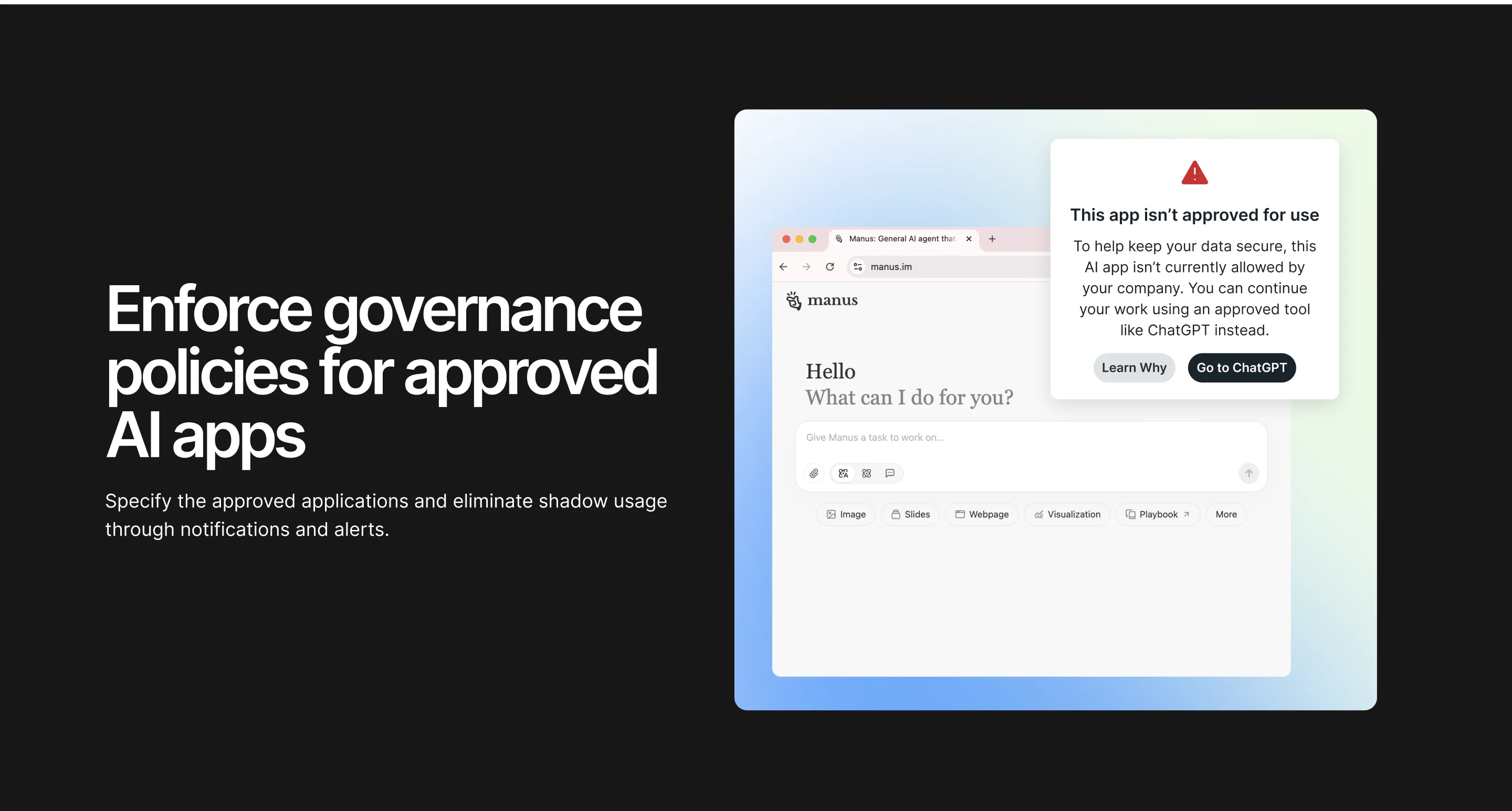 Scout product page section: enforce governance policies for approved AI apps, with the notice an employee sees when an app is not approved