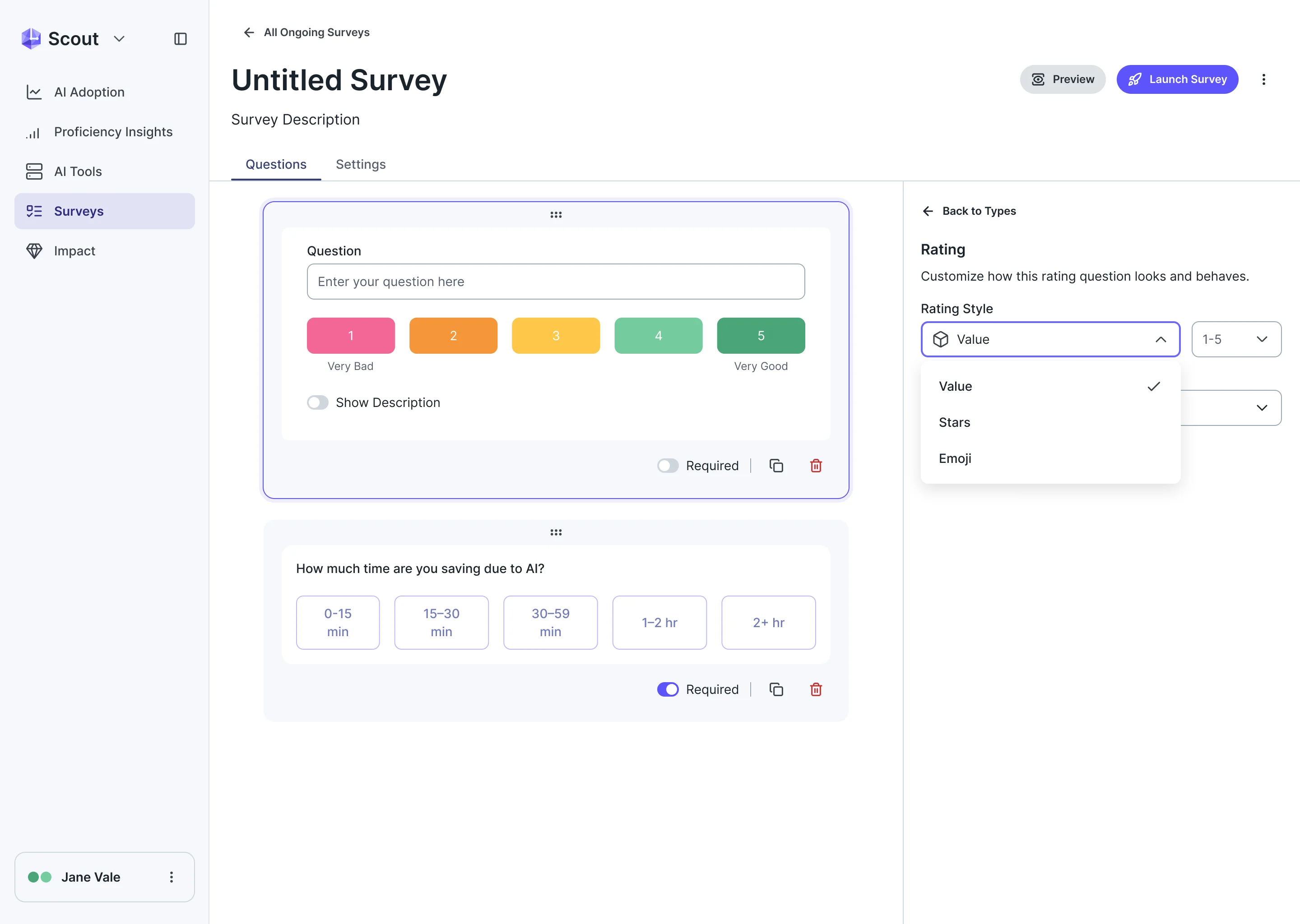 Scout survey builder with a rating question selected and a side panel to set its style, scale and labels