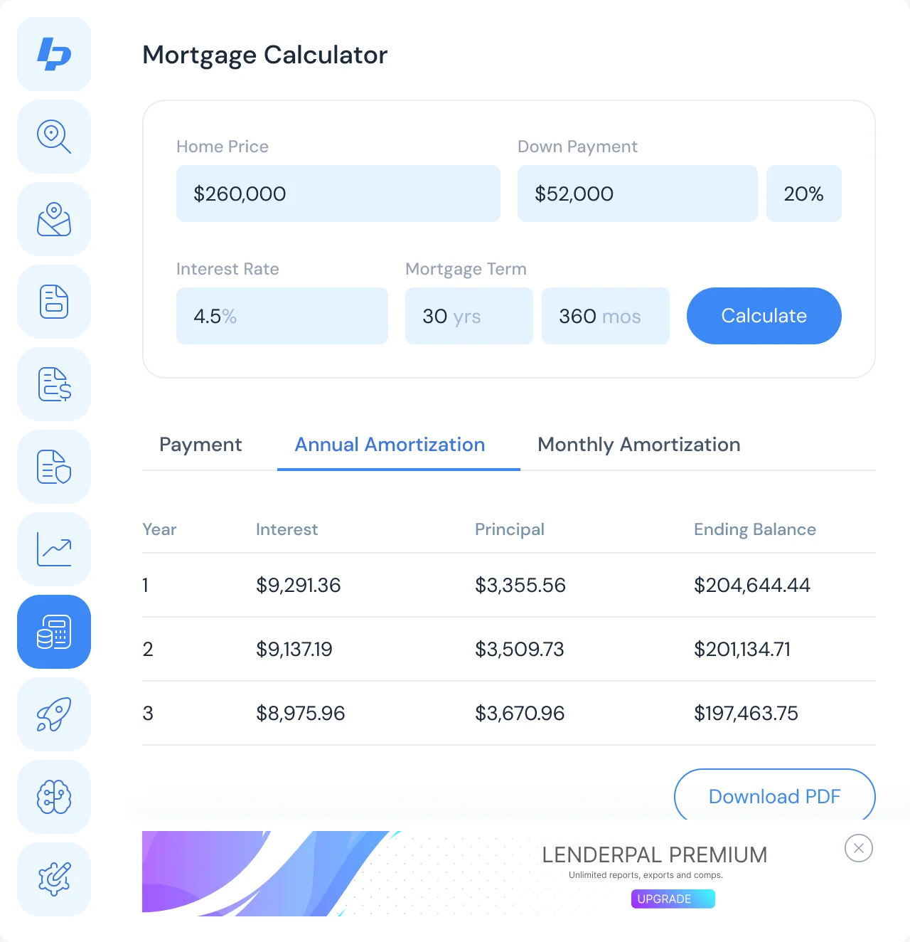 Annual amortization for the $208,000 loan: interest, principal and ending balance by year