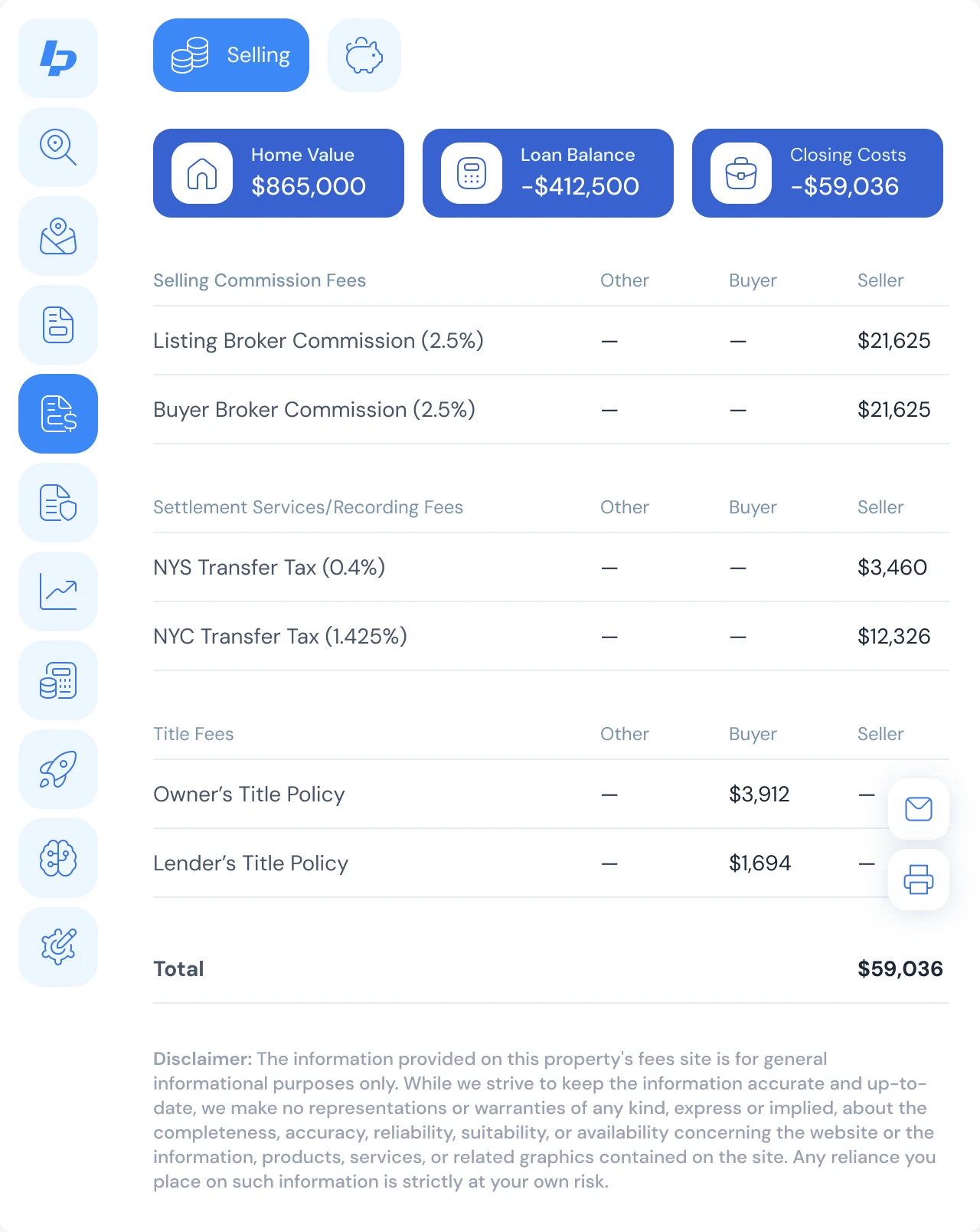 Seller net sheet: home value, loan balance and closing costs with commissions and transfer taxes