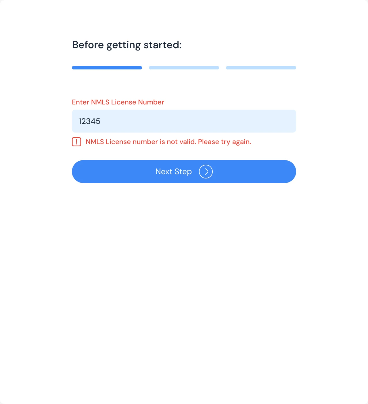 Onboarding step 1 of 3 with an invalid NMLS licence number and the error under the field