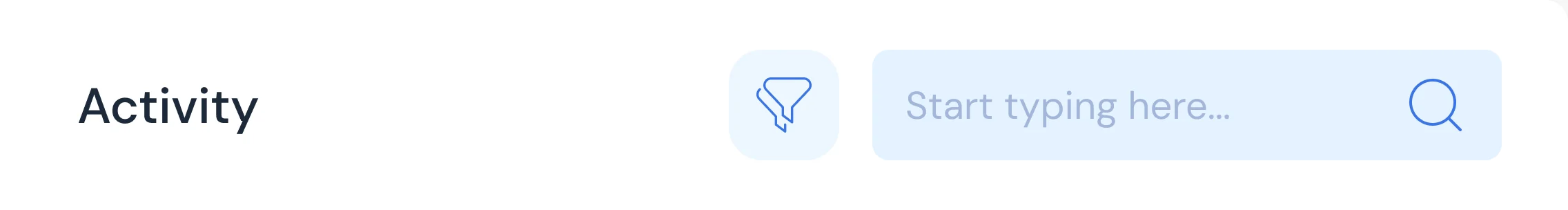 Admin activity header with the filter button and the search field