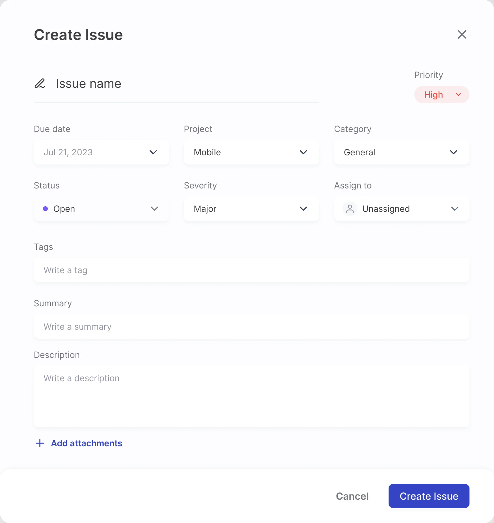 Create Issue dialog: issue name and priority, due date, project, category, status, severity and assignee, then tags, summary, description, Add attachments, Cancel and Create Issue