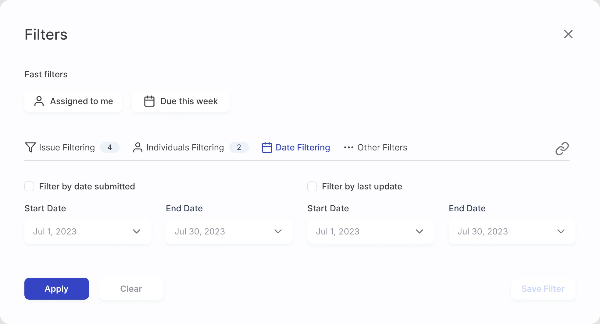 Filters panel on the Date Filtering tab: four criteria applied under Issue Filtering and two under Individuals Filtering, and start and end dates for date submitted and last update