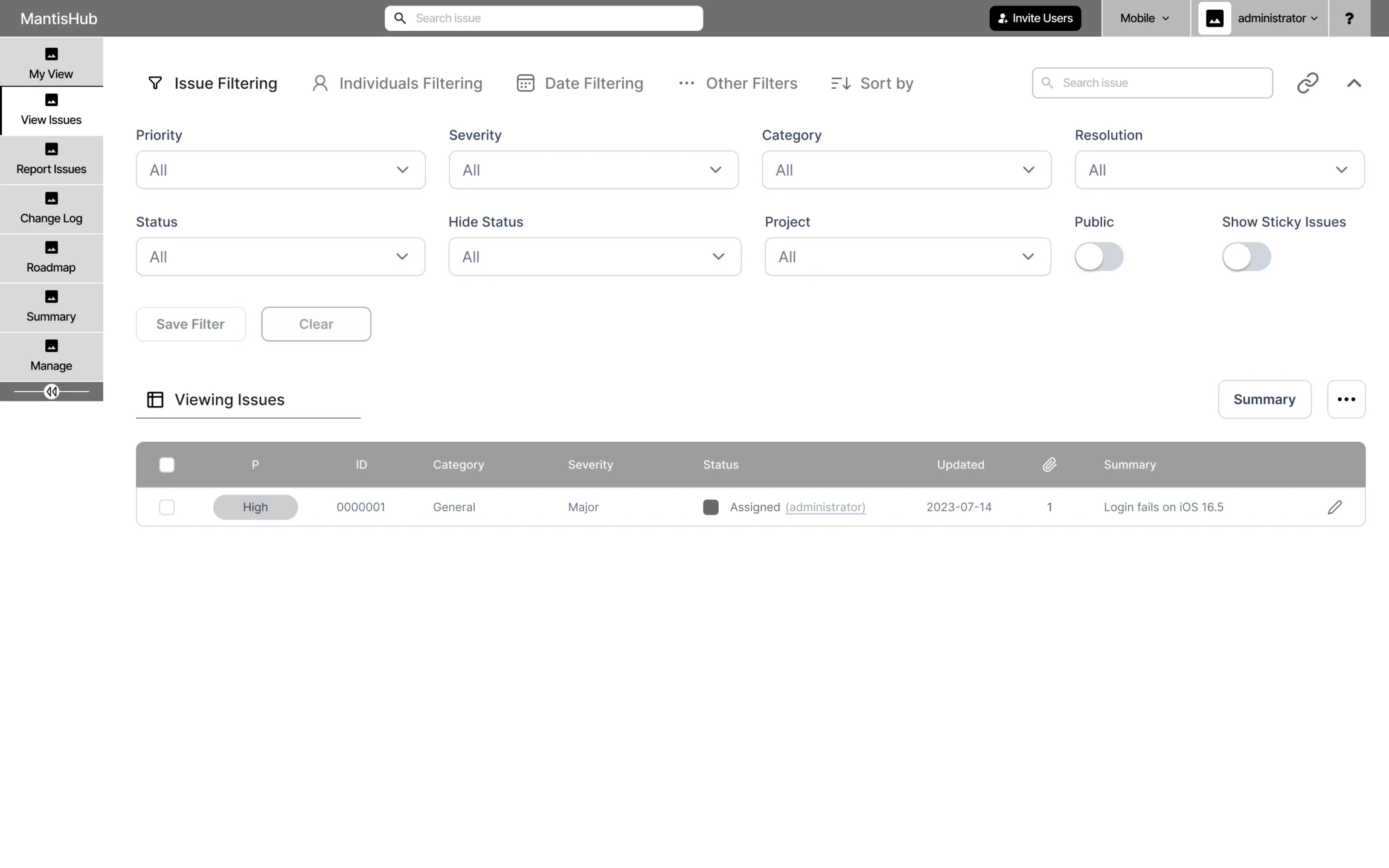 Wireframe of the issue list with filters grouped into Issue, Individuals, Date and Other tabs above it, with Save Filter and Clear, then the list of issues