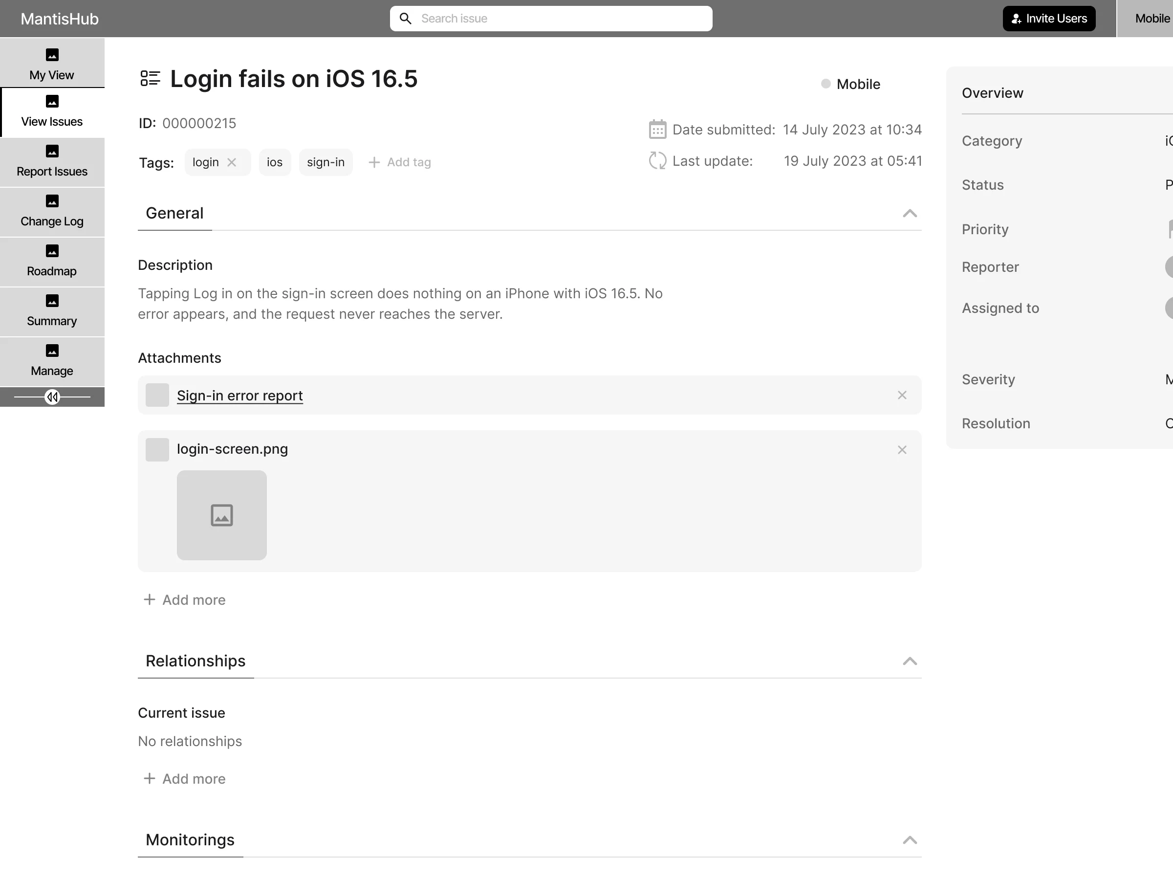 First-pass wireframe of the issue page: the title, tags, description and attachments, and the overview beside them