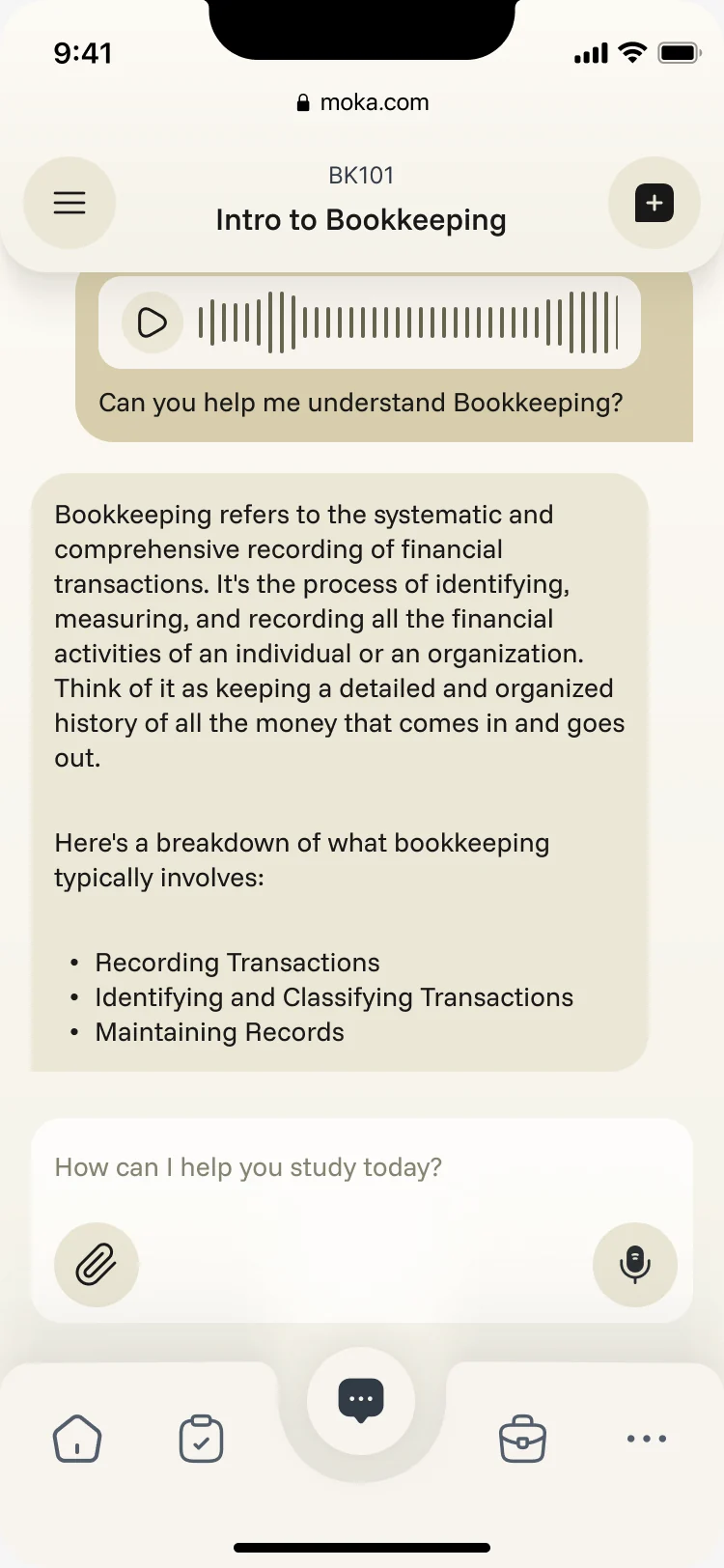 The assistant’s answer under the voice question: what bookkeeping is and a list of its core tasks