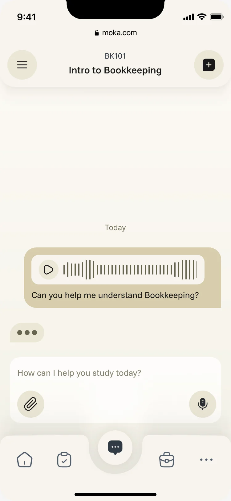 Course chat for BK101 Intro to Bookkeeping with a voice message asking for help with bookkeeping and the assistant typing