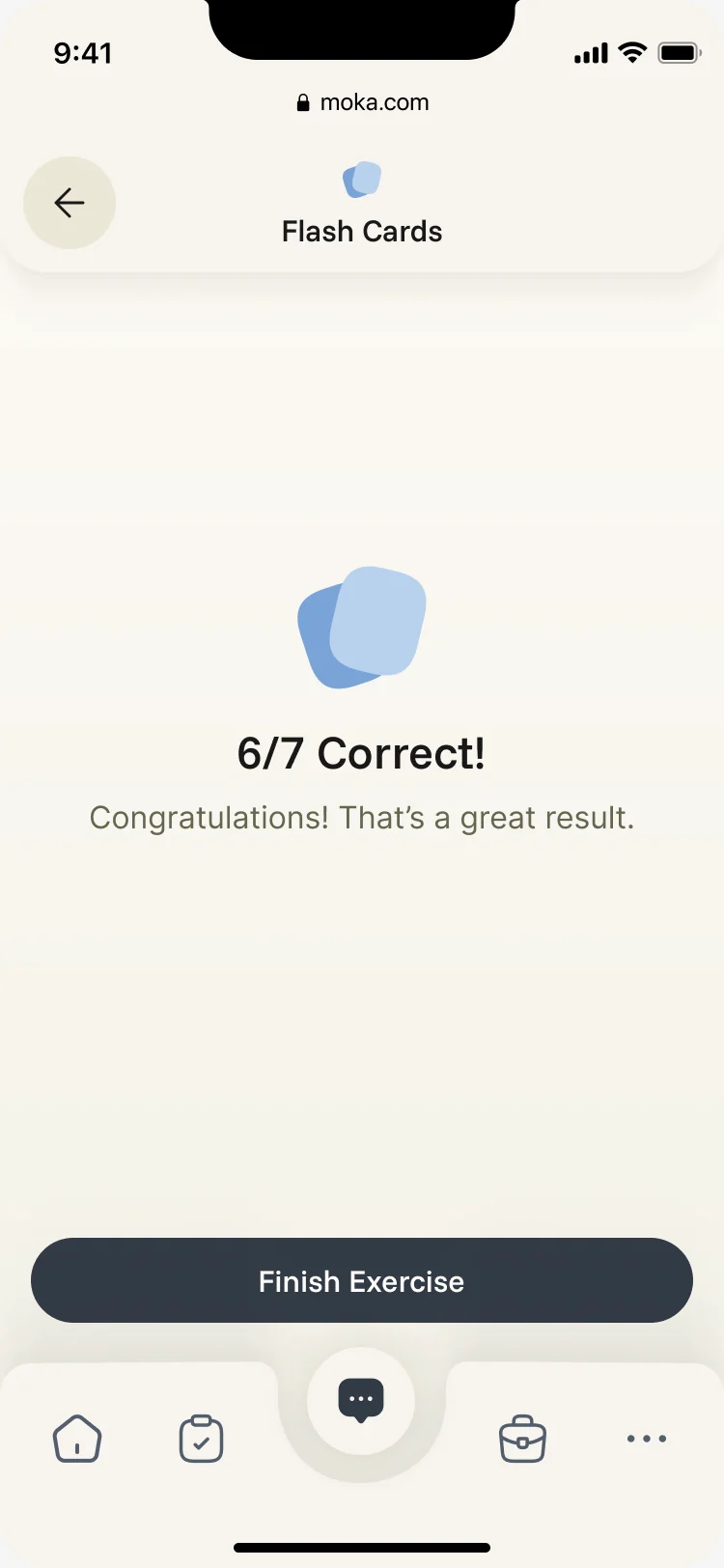 Flash card result: 6 of 7 correct, with a Finish Exercise button