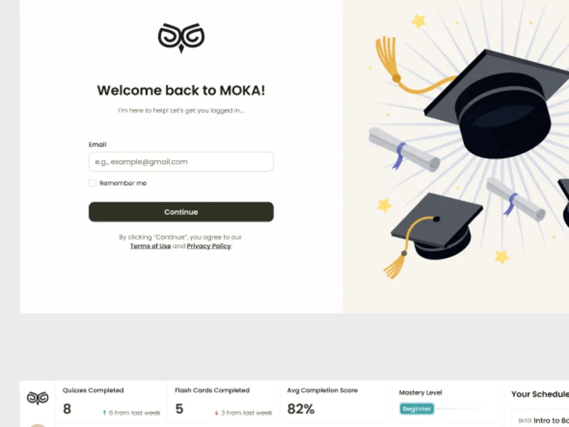 One of the style directions: the Moka sign-in screen with the owl logo beside graduation caps and scrolls