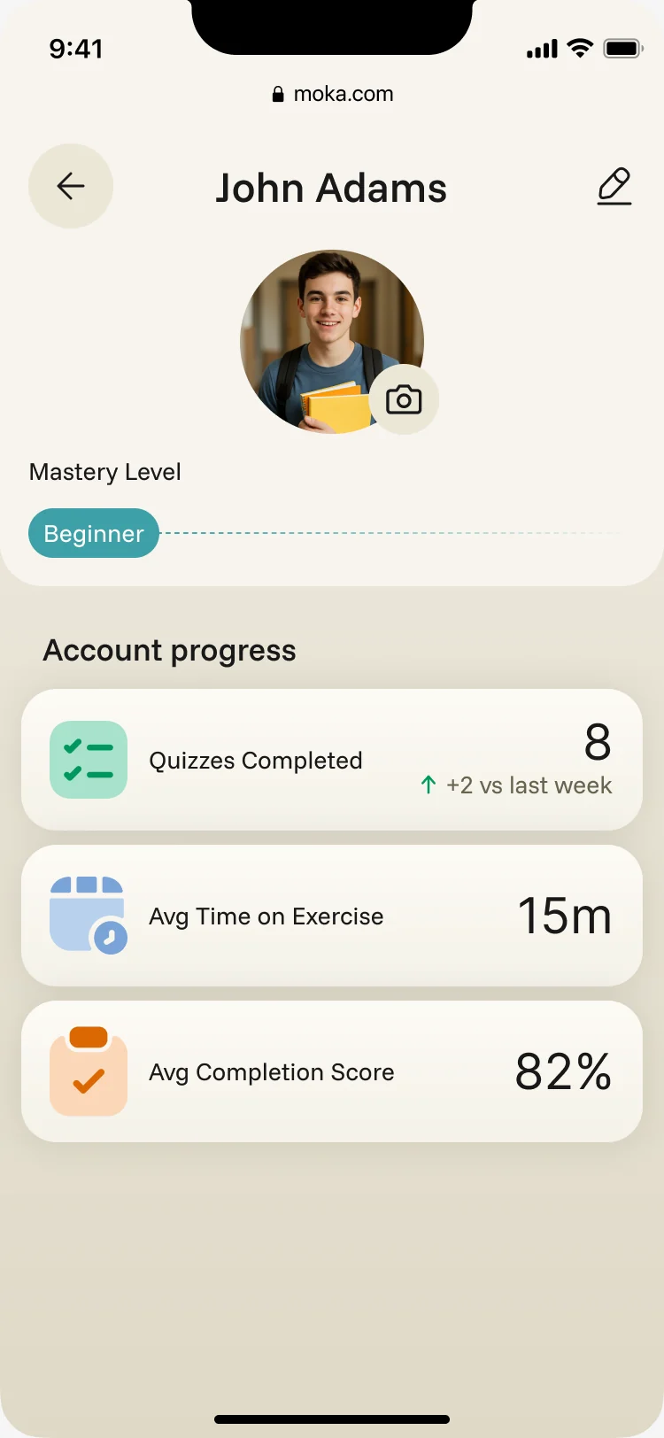 John Adams’ profile: beginner mastery level, quizzes completed, average time per exercise and average completion score
