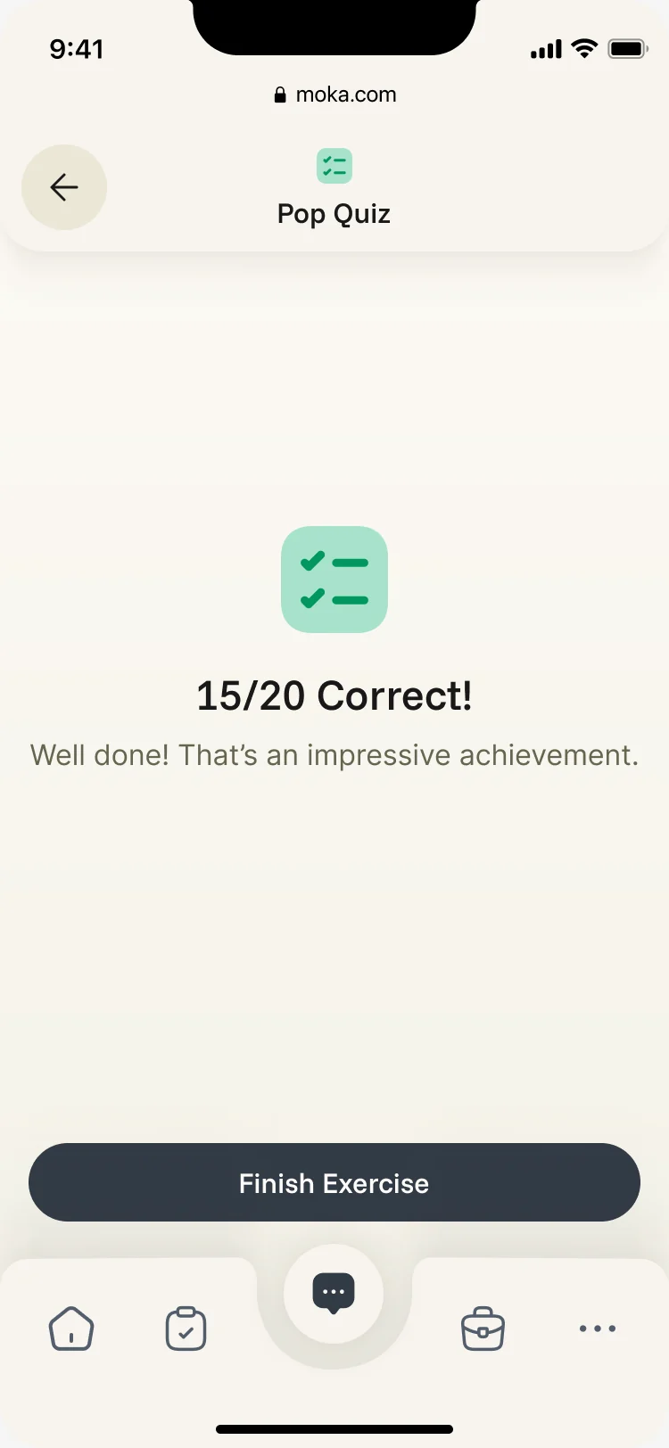 Pop quiz result: 15 of 20 correct, with an encouraging line