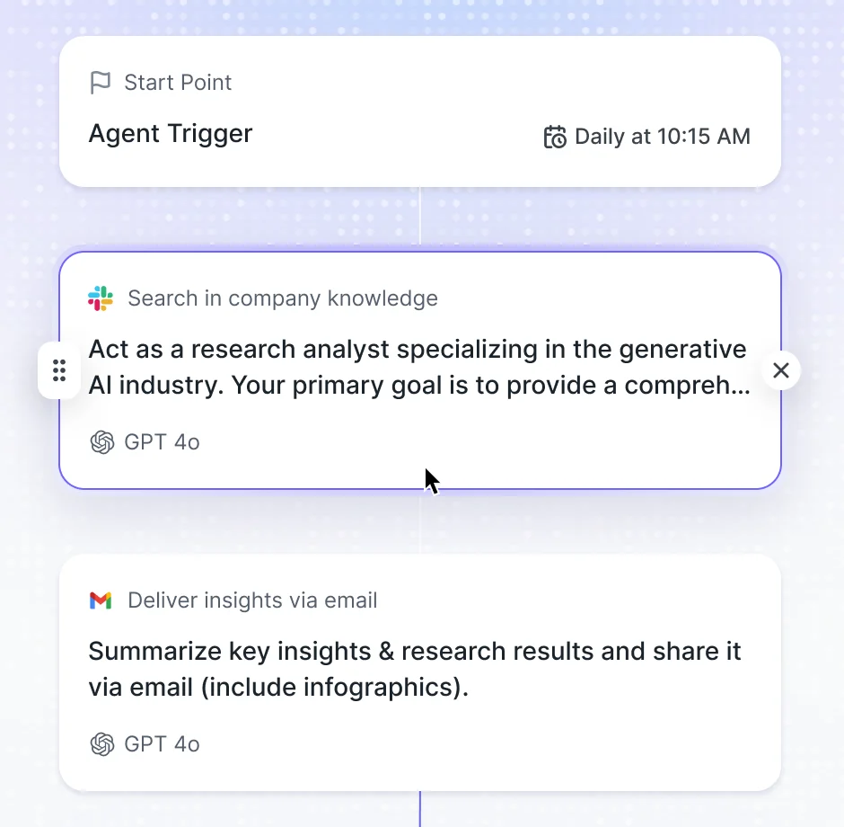 Action card Search in company knowledge, hovered, with its handle and remove button