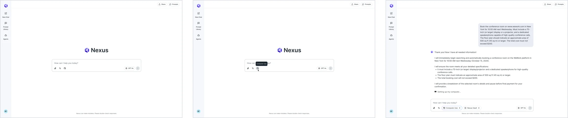 Three steps of a browser task: the empty chat, the Computer Use switch with its tooltip, and the assistant confirming a room booking plan while it sets up the browser