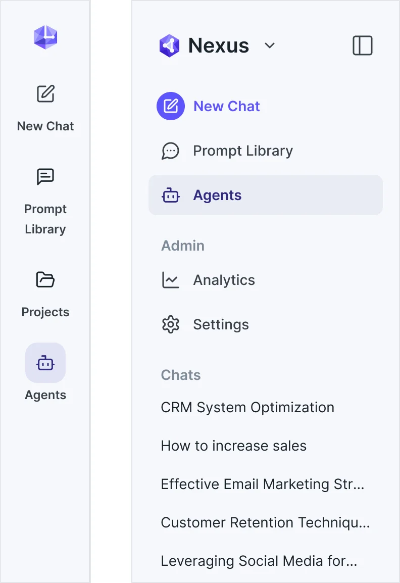 Two Nexus menus: the compact rail with New Chat, Prompt Library, Projects and Agents, and the full menu with Agents, the Admin area with Analytics and Settings, and recent chats