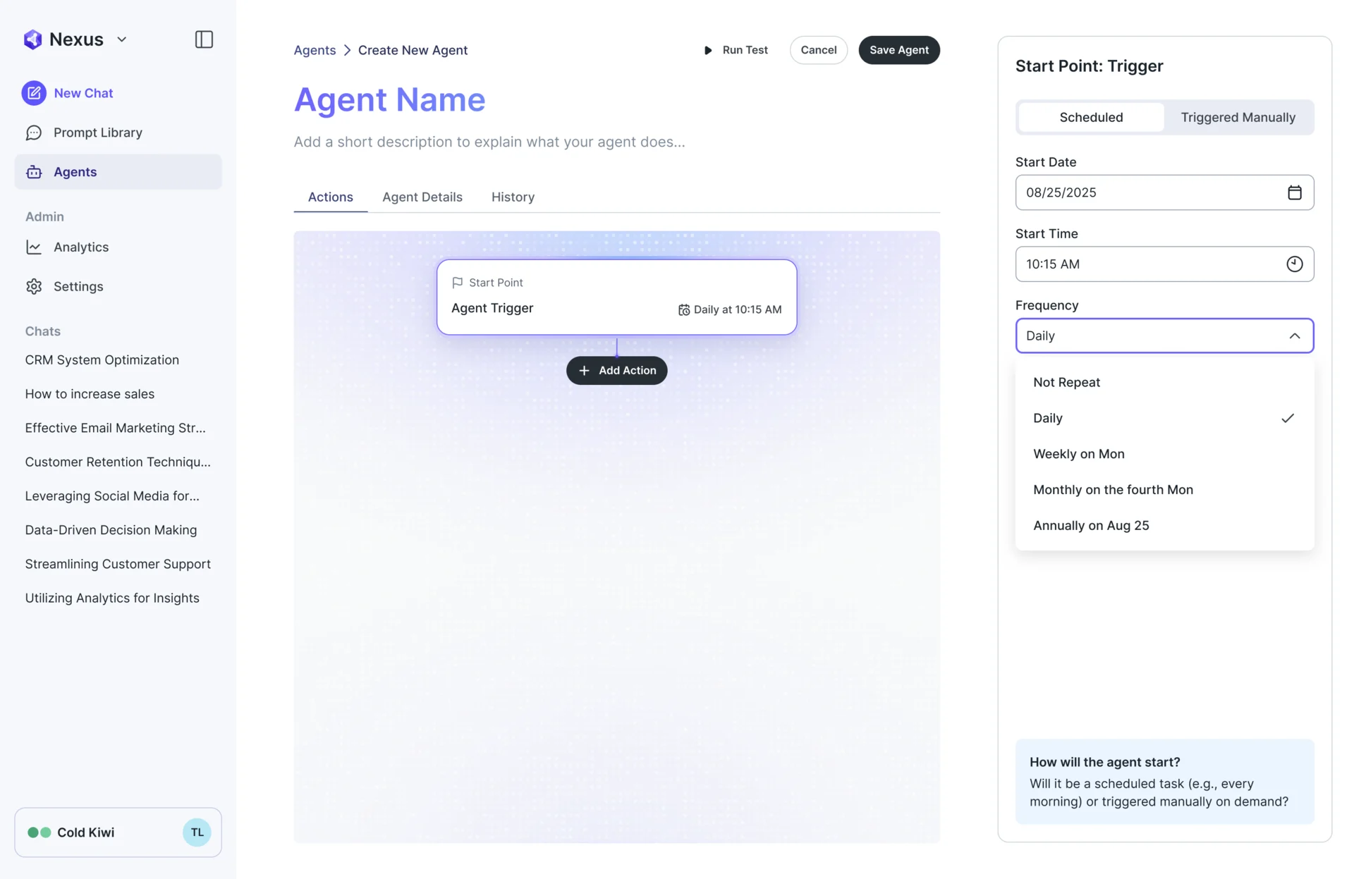 Manual builder with the Start Point: Trigger panel: Scheduled selected, start date, 10:15 AM and the frequency list open on Daily