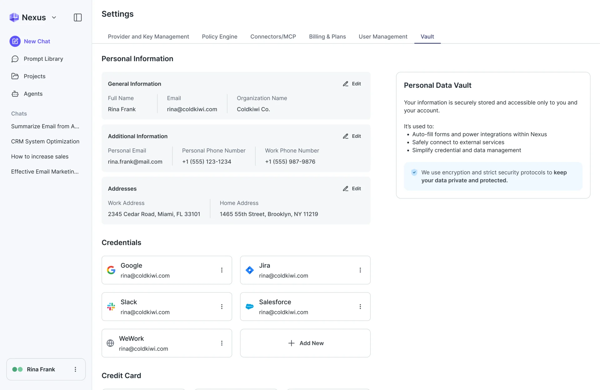 Settings, Vault tab: general and additional information, work and home addresses, credentials for Google, Jira, Slack, Salesforce and WeWork, and the Personal Data Vault note