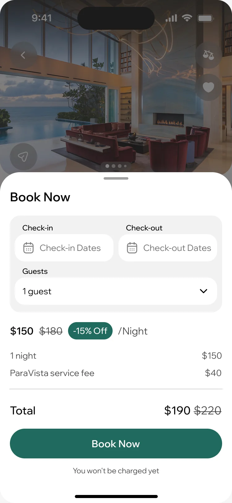 ParaVista Book Now sheet: check-in and check-out dates, guests, $150 a night with 15% off, the ParaVista service fee and the total, with a note that nothing is charged yet