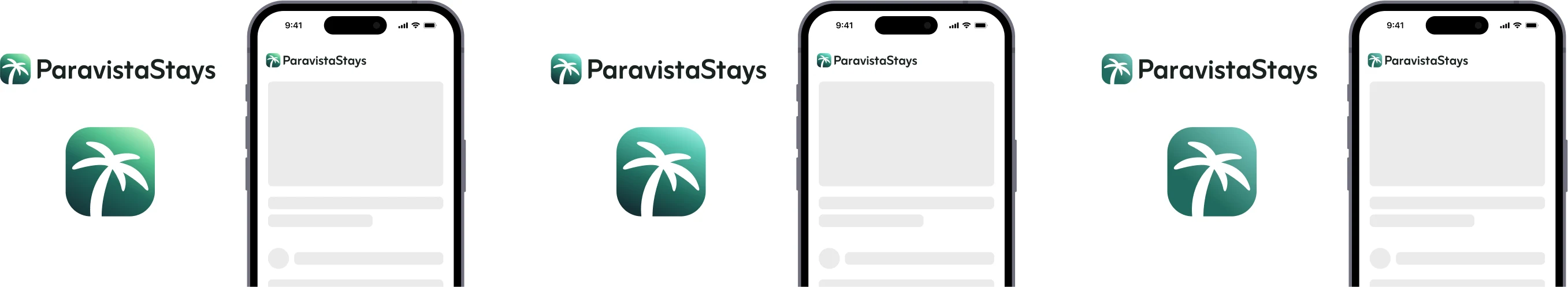 Three variants of the ParaVista palm mark, each shown as the wordmark, as an app icon and in the header of the app on a phone