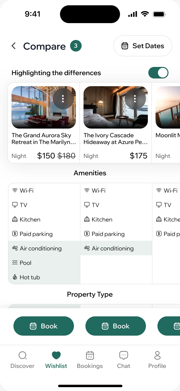ParaVista comparison of three homes with prices per night and amenities, the differences highlighted