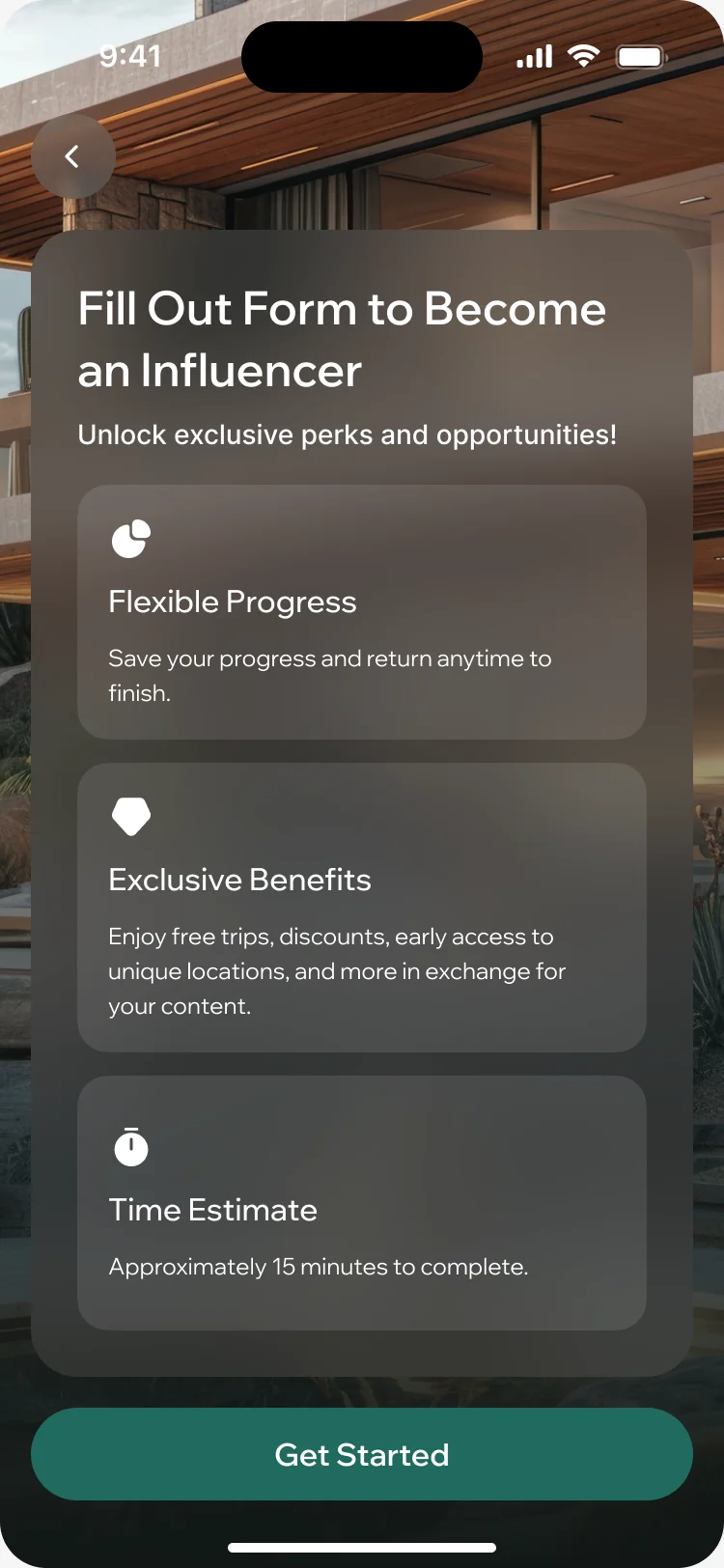 ParaVista creator setup start: flexible progress, exclusive benefits and a time estimate over a photo of a stay
