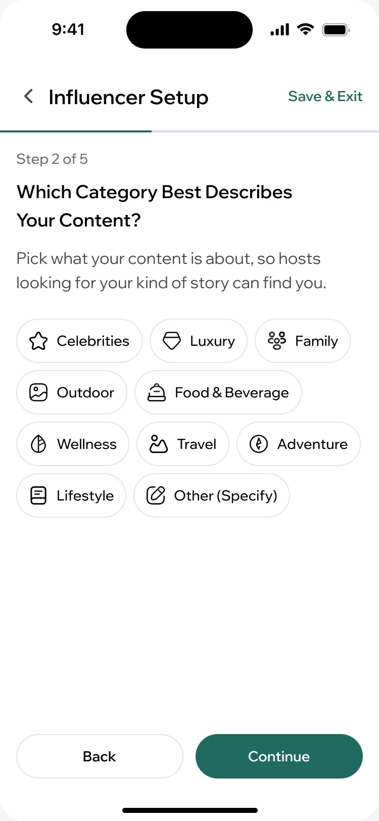 ParaVista creator setup step 2 of 5: content categories such as travel, wellness, outdoor and food and beverage