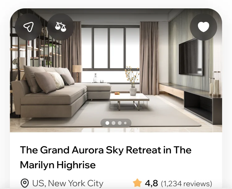 ParaVista property card in the guest feed: the photo with share, compare and save buttons, the name, the city and the rating