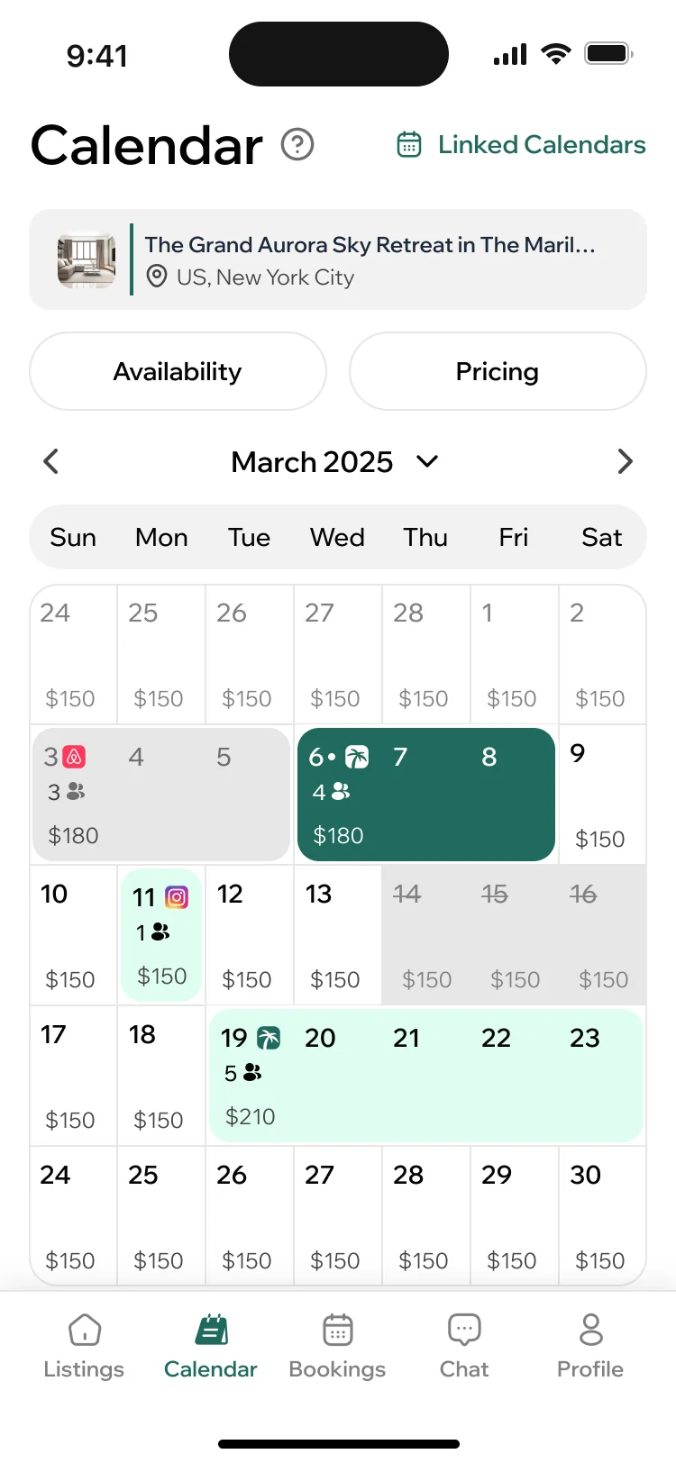 ParaVista host calendar for March 2025 with nightly prices and blocked days for The Grand Aurora Sky Retreat