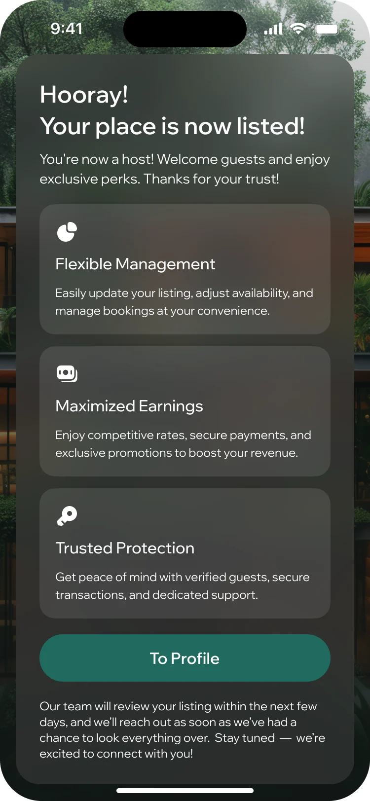 ParaVista listing done: the place is listed, with flexible management, earnings and protection explained, and a note that the team will review it