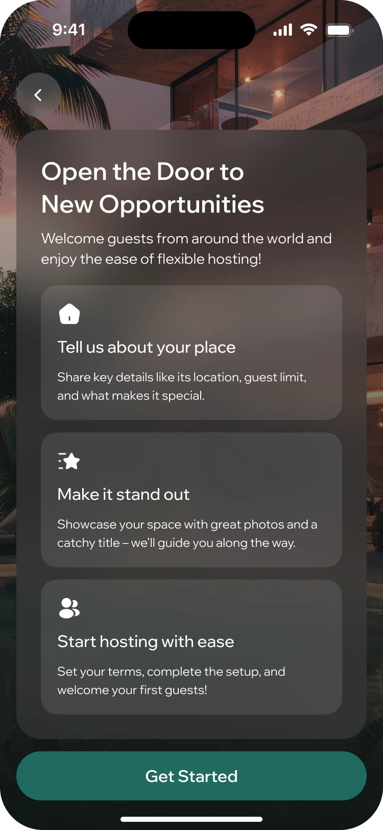 ParaVista List Your Property start screen: tell us about your place, make it stand out and start hosting, with Get Started