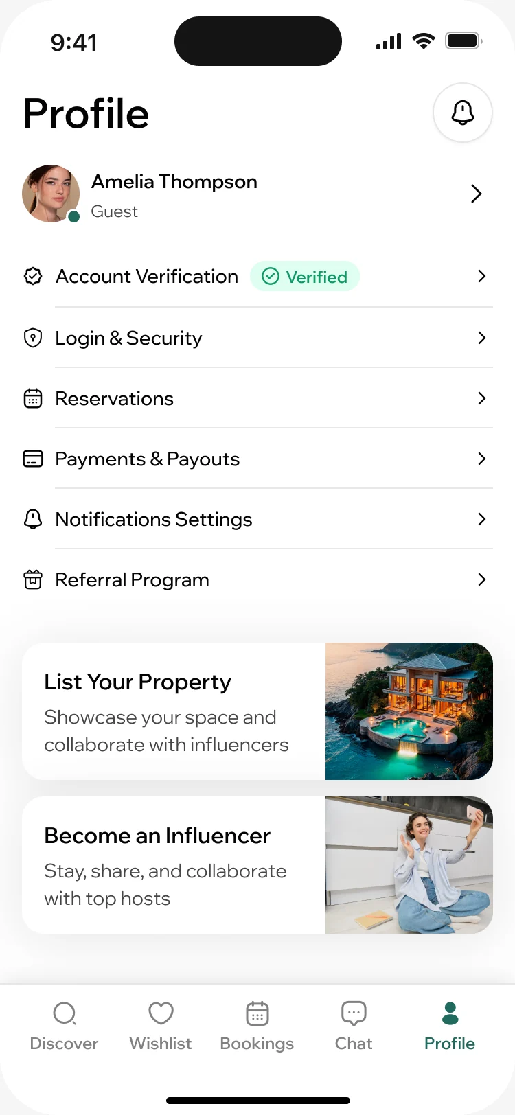 ParaVista guest profile: account verification marked verified, login and security, reservations, payments, notifications, and two cards, List Your Property and Become an Influencer, above the tab bar