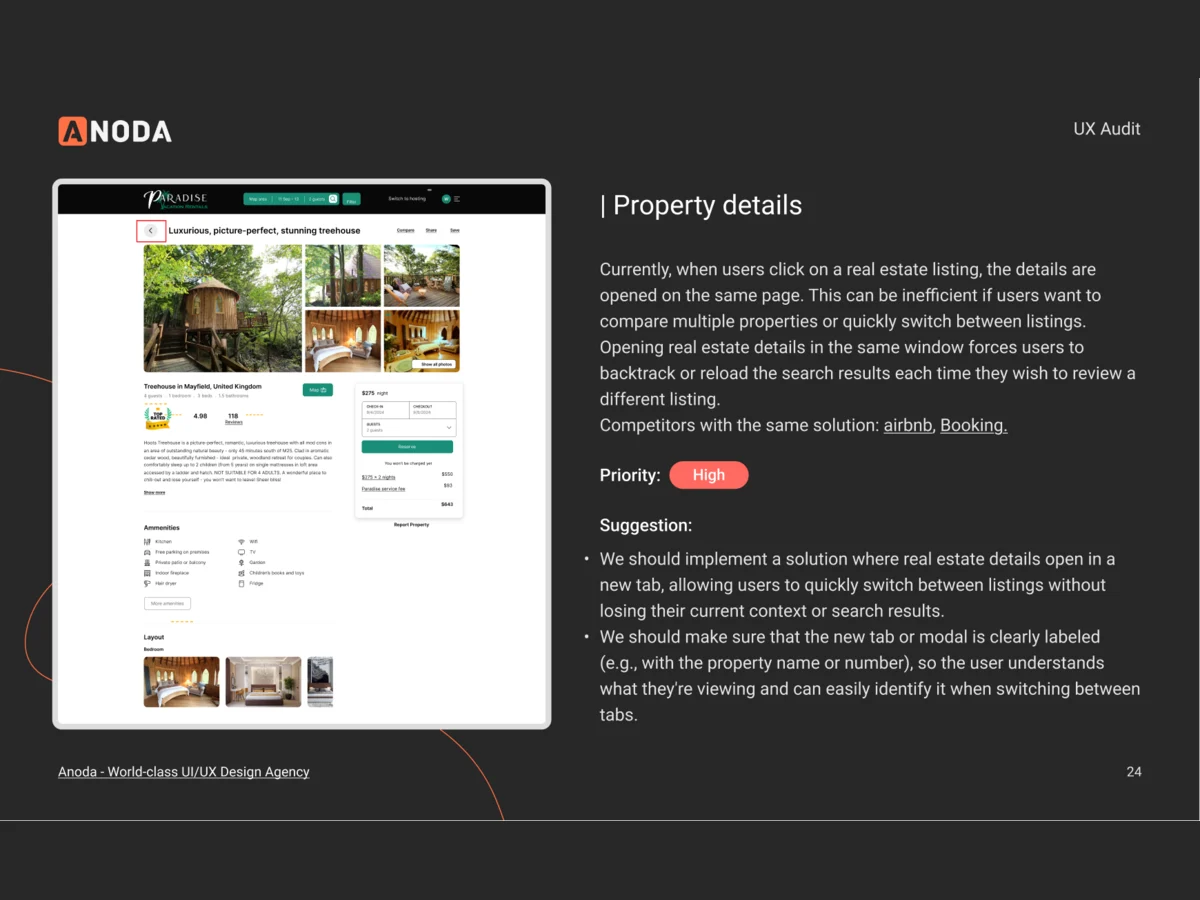 A UX audit slide on the property details page of the earlier product: the screen, the problem with opening listings on the same page, its priority and the suggested fix