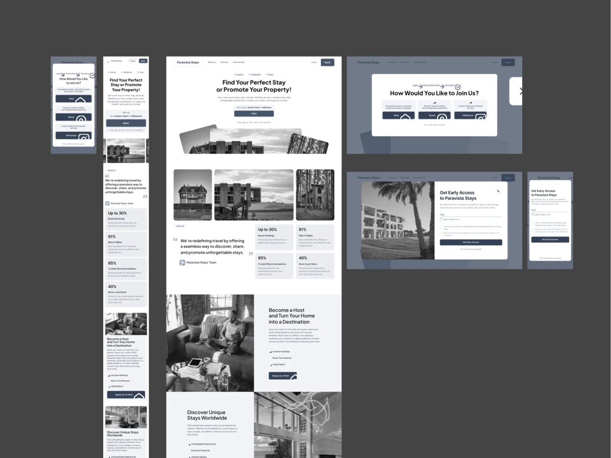 Wireframes of the ParaVista landing page at desktop and phone sizes, with its sign-up dialogs