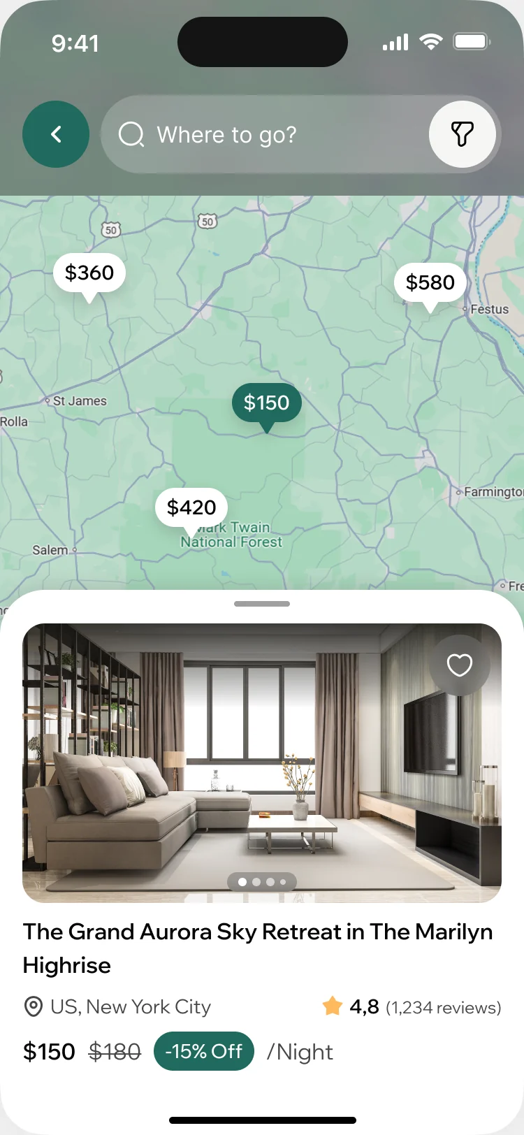 ParaVista map with nightly prices as pins and the card of The Grand Aurora Sky Retreat with its rating and a 15% discount