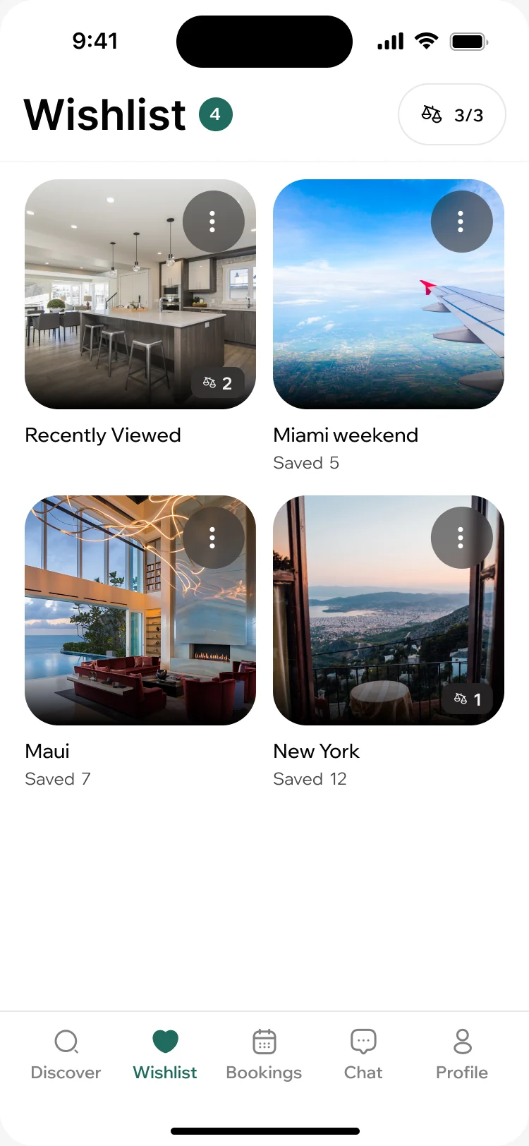 ParaVista wishlist with folders: recently viewed, Miami weekend, Maui and New York, each with how many homes are saved