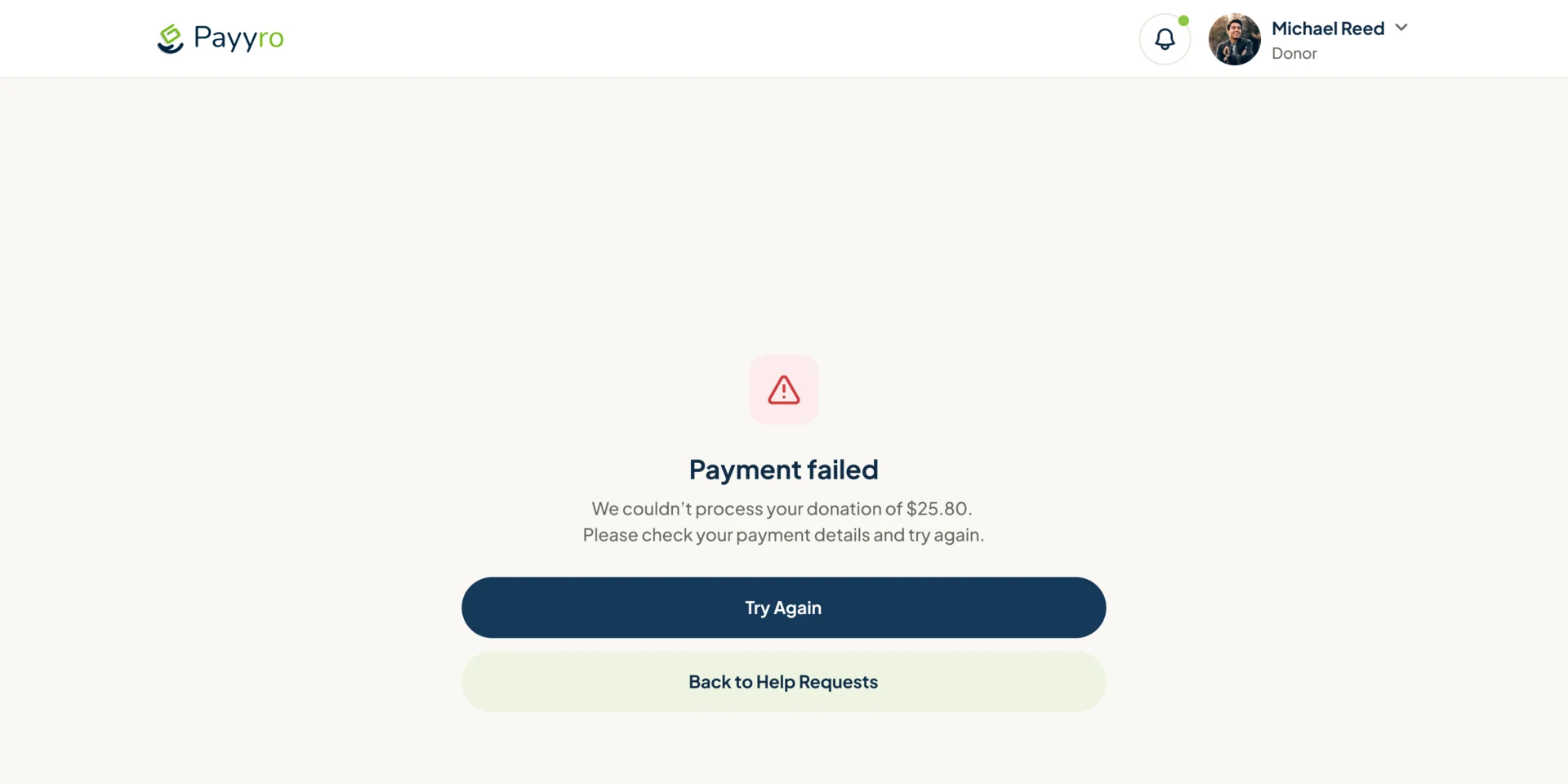 Payment failed: the donation could not be processed, with Try Again and Back to Help Requests