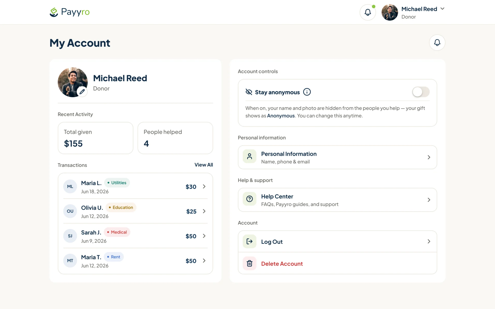 Donor My Account: total given, people helped, recent transactions by category, the Stay anonymous switch, personal information, help and account controls