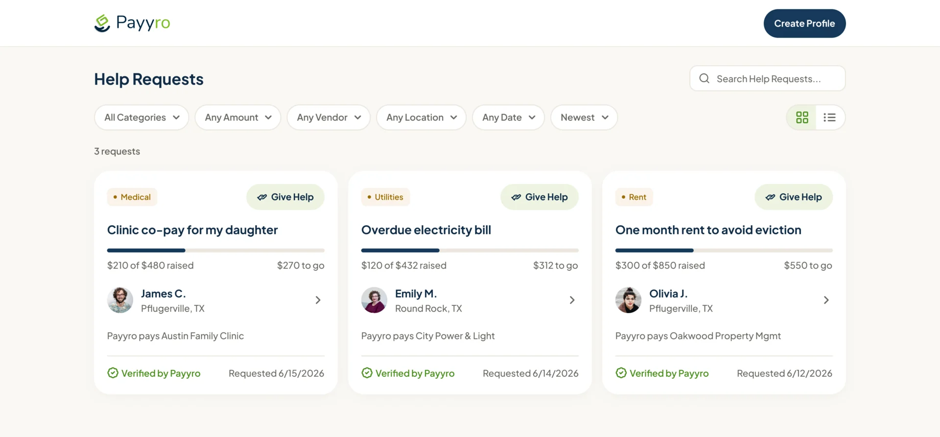 Help Requests for a guest donor: filters for category, amount, vendor, location and date, and three request cards with funding progress, the requester, the vendor Payyro pays and a Verified by Payyro mark