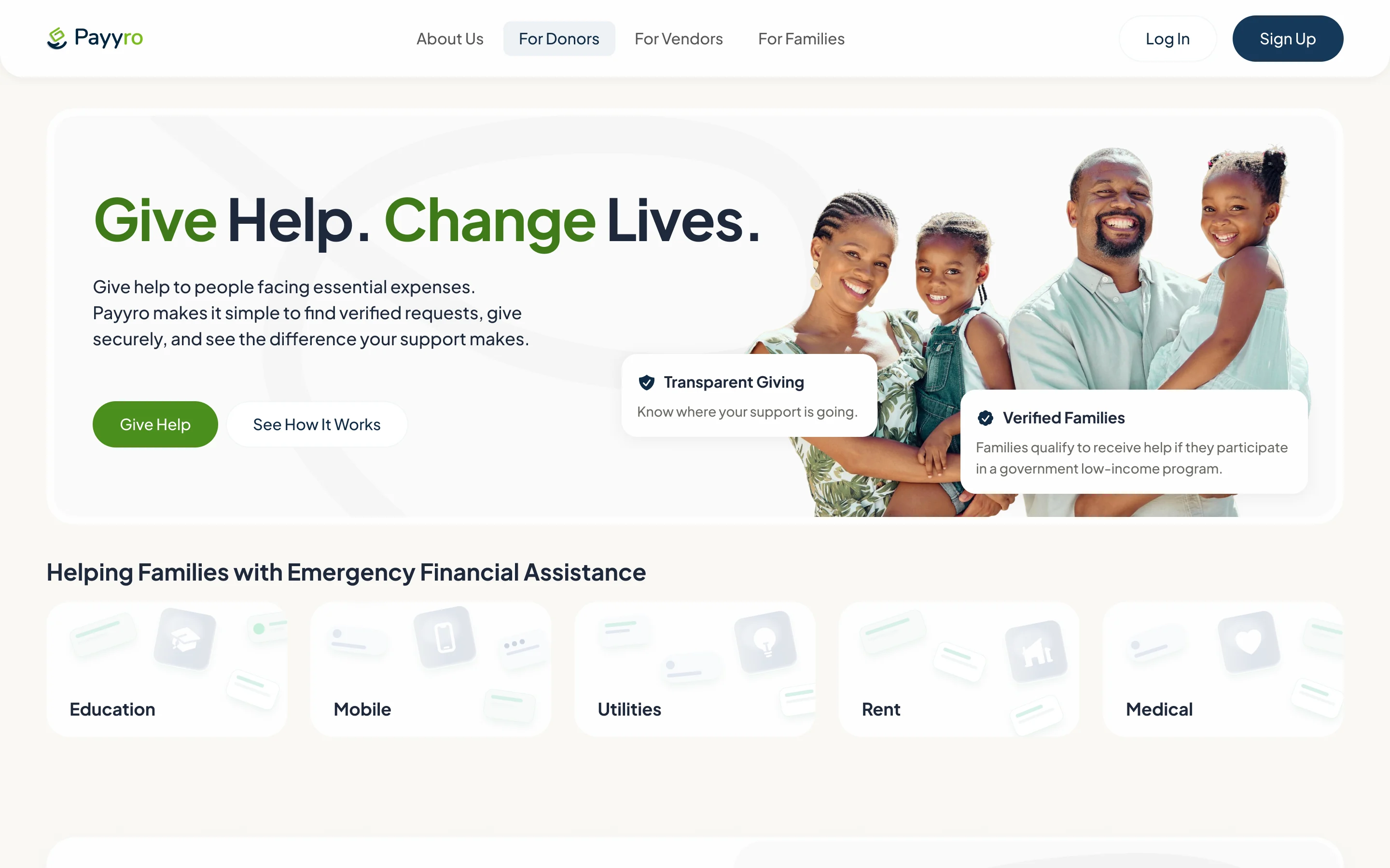 For Donors page at 1440 pixels: Give Help. Change Lives. with Give Help and See How It Works, and the Verified Families and Transparent Giving cards around a family photo