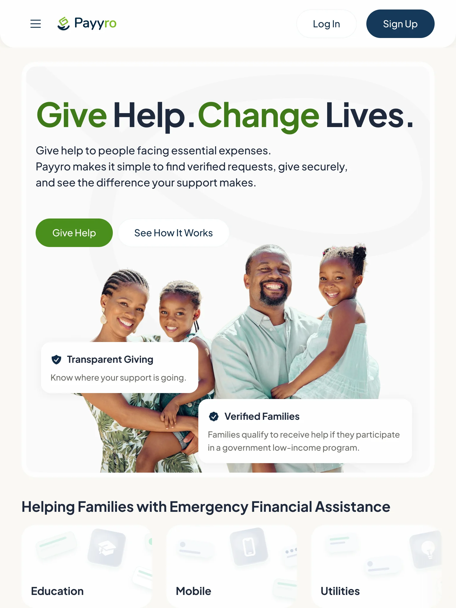 The same page at 768 pixels: the navigation in a menu, the headline, both actions and the two cards over the family photo