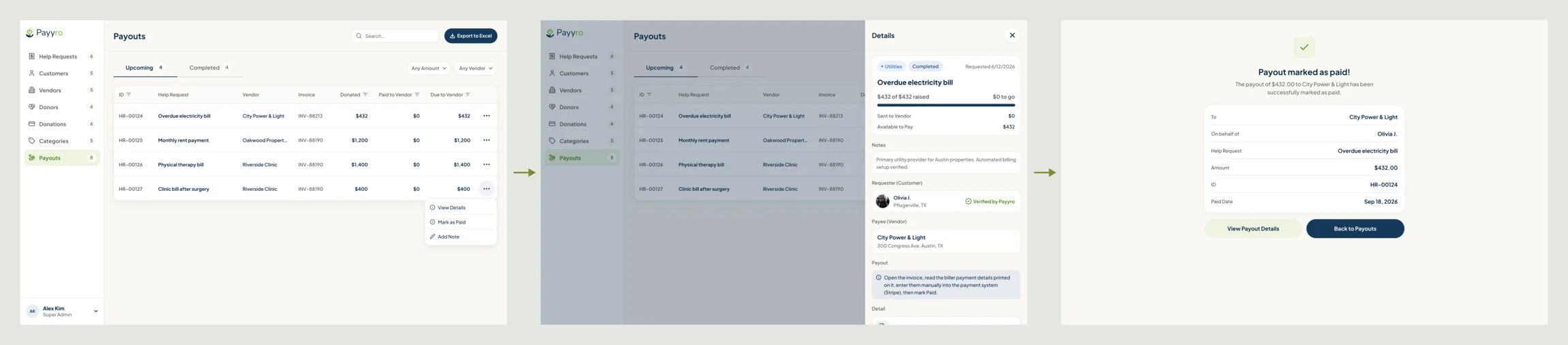 Super Admin payouts: the queue of fully funded requests with a row menu, the payout details with the instruction to pay from the invoice, then Payout marked as paid