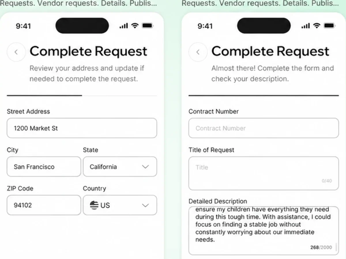 Black-and-white phone wireframes: completing a request with an address, then a contract number, title and description