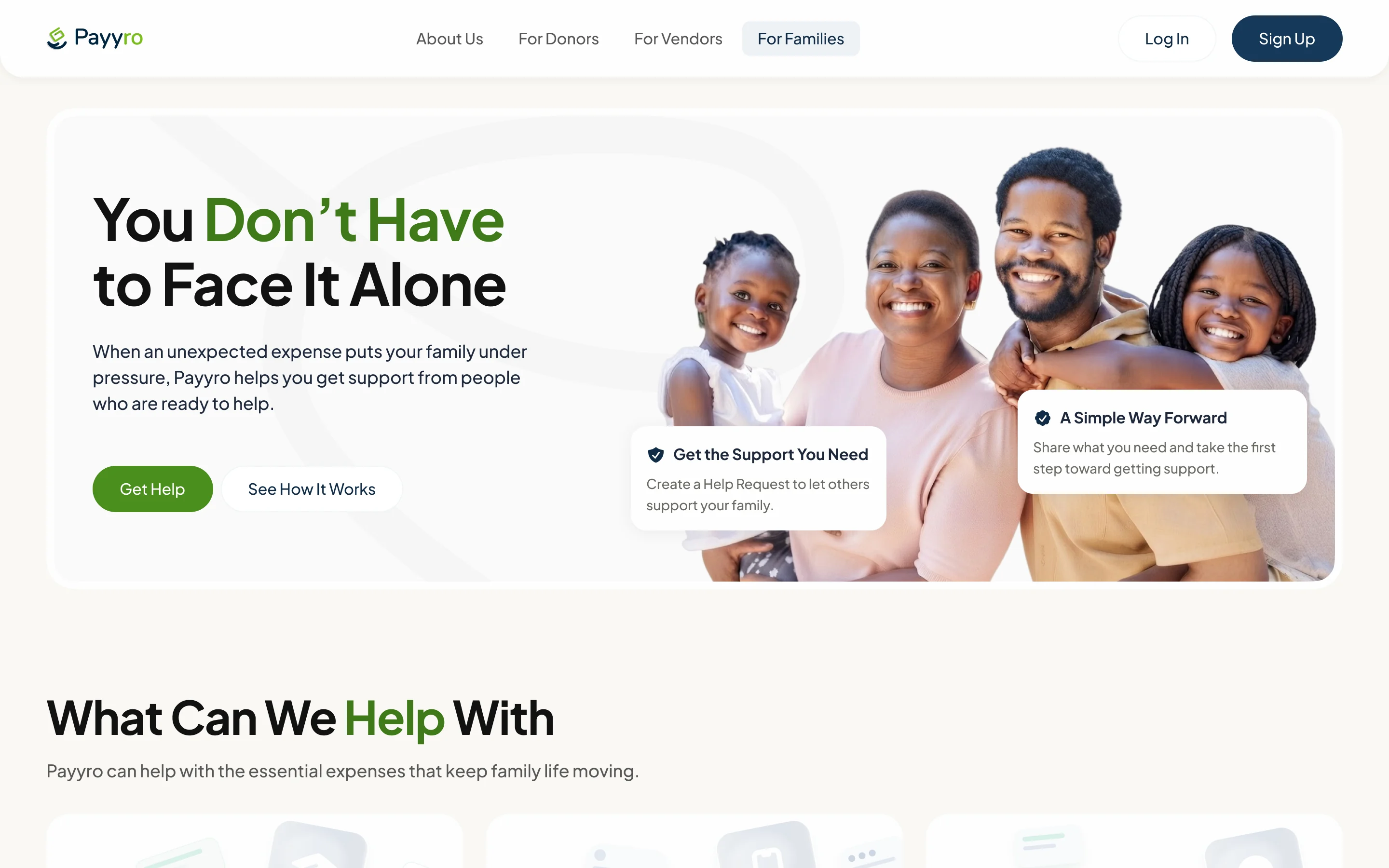 For Families page: You Don’t Have to Face It Alone, with Get Help and See How It Works