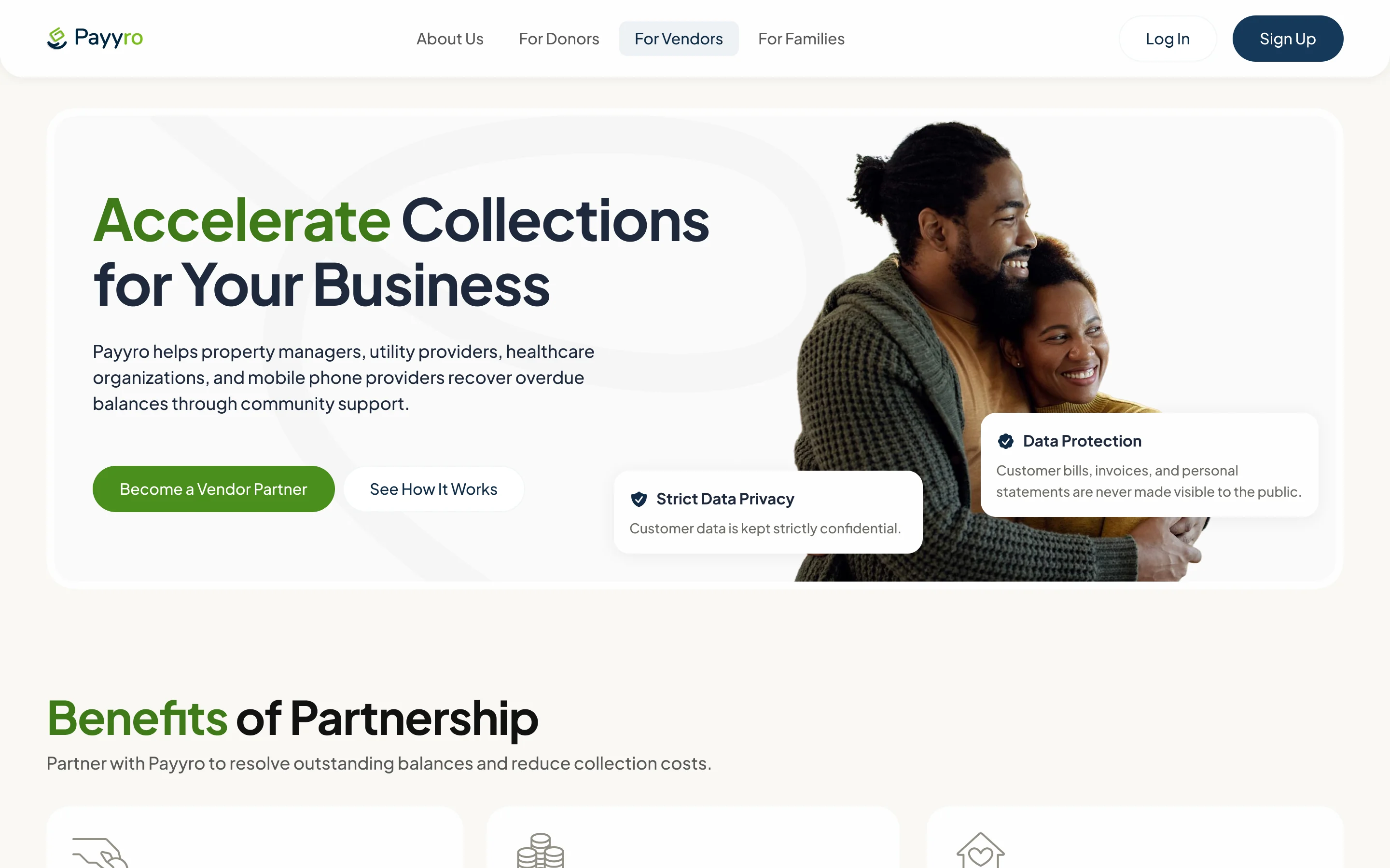 For Vendors page: Accelerate Collections for Your Business, with Become a Vendor Partner, and cards on strict data privacy and data protection
