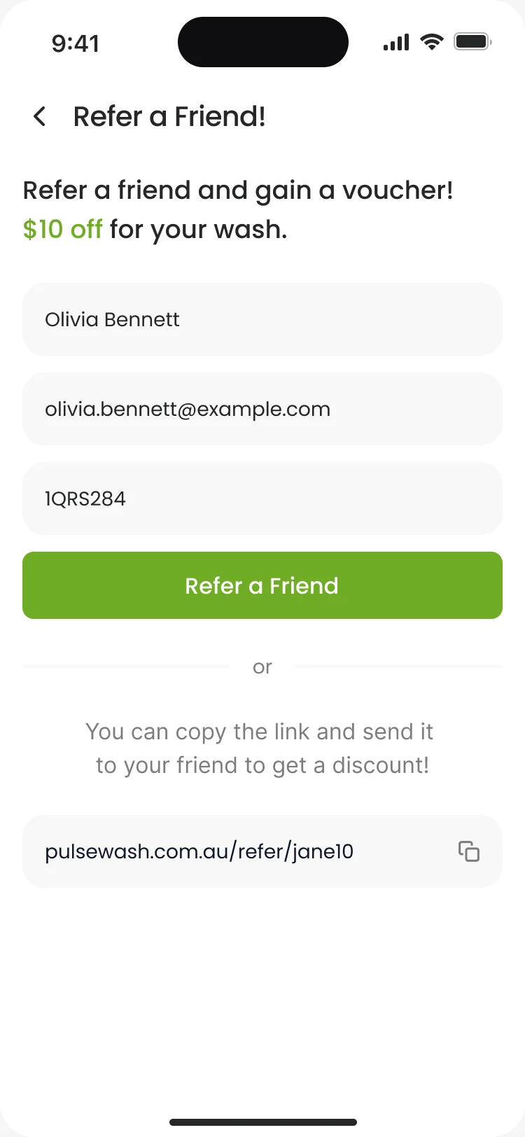 Refer a Friend: name, email and plate filled in, Refer a Friend, and a referral link to copy